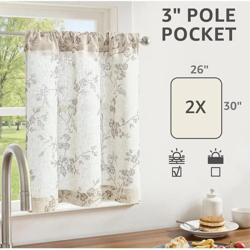 Amlie Floral Kitchen Curtains 30 Inch Length Linen Cafe Curtains Taupe 2 Panel
